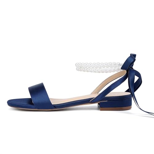 Image of Satin Wedding Flats for Bride Pearl Sandals Open Toe Bridal Shoes Flat Wedding Shoes for Bride