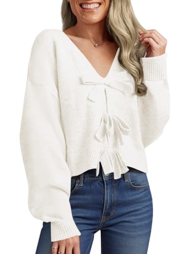 Image of Saodimallsu Womens Bow Sweater Cropped V Neck Long Sleeve Pullover Tops | Soft Cozy Knit, Two-Way Wear Design, Front & Back Bow, Cute Fall Tops 2026, Winter Fashion, Dressy Casual Holiday Outfits