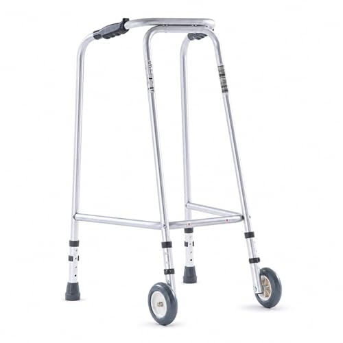 The Helping Hand Company Ultra Narrow Lightweight Walking Frame with Wheels Adjustable Height Aluminium Walker for Seniors Elderly & Adults 490mm Max Width (Medium (775-864mm Height))