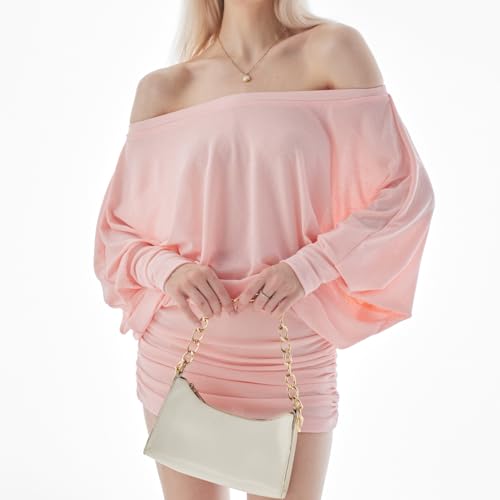 Image of Women's Off The Shoulder Dress Long Sleeve Batwing Mini Ruched Sheer Y2K Oversized Club Sexy Night Out Dresses