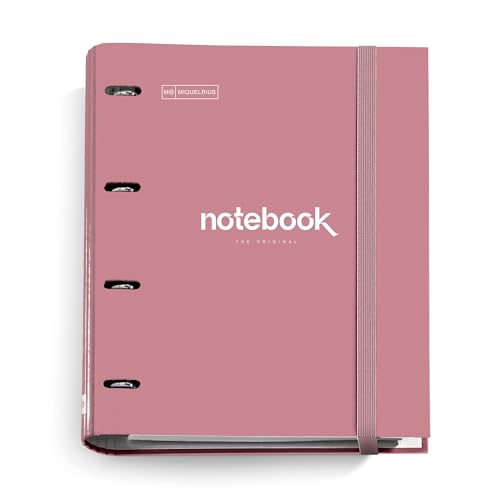 Miquelrius - Ringordner A4 Emotions, Ringbuchordner mit 4 Ringen + kariertes Nachfüllpapier 90 g/m², Gummibandverschluss, Ringbuch Büro Zubehör Schul, Altrosa