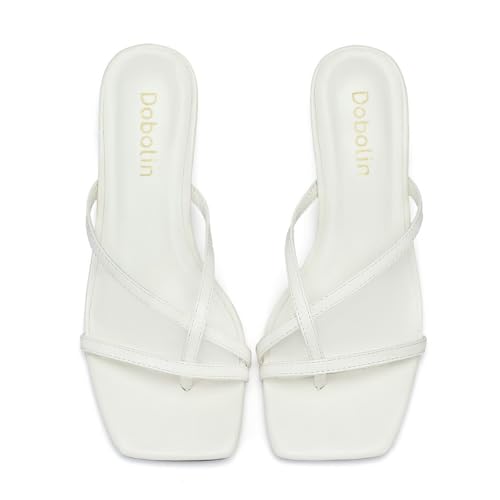 White Kitten Heels Sandals for Women Square Toe Flip Flop Thong Sandals for Summer Office Dress Size 7.53