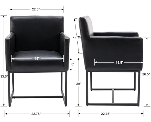 Image of HNY Mid Century Modern Upholstered Dining Chairs with Arms Set of 2, Faux Leather Accent Chairs with Black Finish Metal Frame, 19'' Wide Arm Chairs for Living Room Kitchen Bedroom, Black