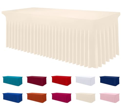 Image of Smiry Spandex Elastic Fitted Table Cloth Skirt for 5FT Rectangle Table | Stretch Washable Table Cloth, Banquet Table Cover for Wedding, Party, Indoor & Trade Shows, (Beige, 60Lx36Wx30H)