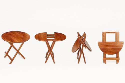 Image of WELL KNOWN Foldable Wooden Coffee Table & Stool, Brown, Round | Compact Furniture, For Home, Garden, Outdoor, Living Room, Standard