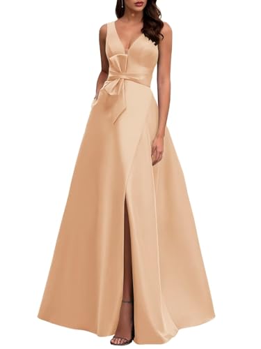 Long Satin Mother of The Bride Dresses Formal for Wedding A Line V Neck Evening Gowns for Women