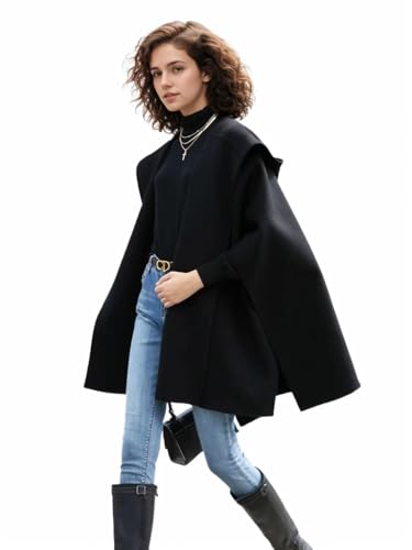 Women Hooded Cape Wool Blend Winter Sleeveless Poncho