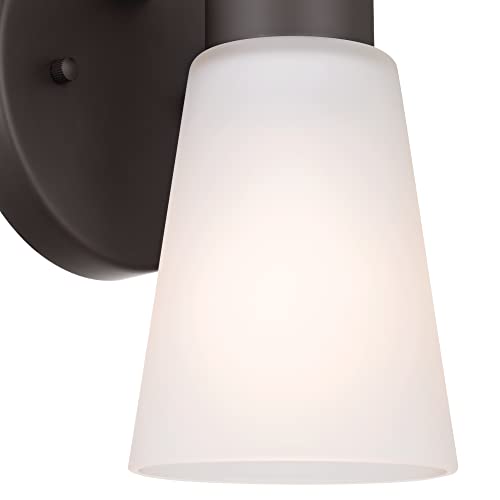 Image of Kichler Stamos Wall Sconce 1-Light with Satin Etched Glass, Modern Bathroom or Hallway Light in Olde Bronze, (8 inch H x 5 inch W x 6 inch D)