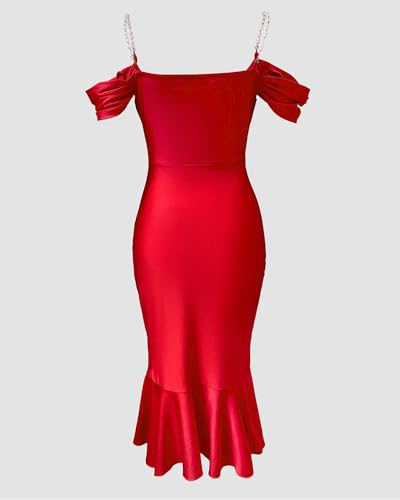 Image of CHICME Womens Sexy Bodycon Party Dress Off The Shoulder Pearls Strap Midi Dress Ruffle Hem Cocktail Dresses
