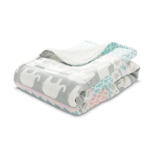 Image of Lush Decor Baby Elephant Stripe Soft & Plush Sherpa Blanket, 40 inch x 30 inch, Pink & Turquoise