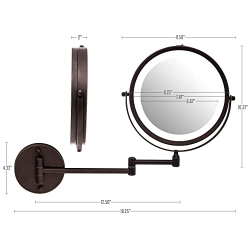 Image of OVENTE 9 inch Wall Mounted Lighted Makeup Mirror, Antique Bronze MFW85ABZ1X7X | Cordless Double Sided 1X /7X Magnifying Mirror for Bathroom with LED Lights, 360 Rotation, Extendable Arm, Battery Operated