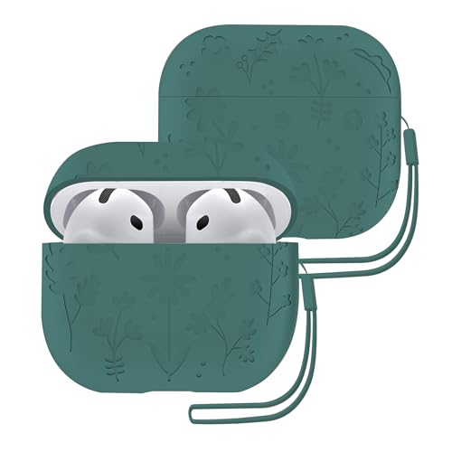 ECZOIL Incisione Cover Compatibile con AirPods 4, Fiori Modello Silicone Case con Corda in Silicone per AirPods 4th Generation-Verde scuro