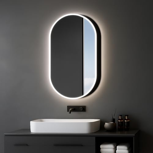 LED Spiegelschrank 45x80 cm matt schwarz Aluminium umlaufende LED-Beleuchtung, Hintergrundlicht, Innenlicht doppelseitig verspiegelt, Soft-Close, Sensorsteuerung, höhenverstellbare Glasablagen IP44