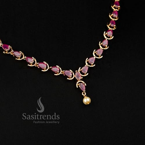 Image of Sasitrends Micro Gold Plated American Diamond Ruby stone Studded Jewellery Set