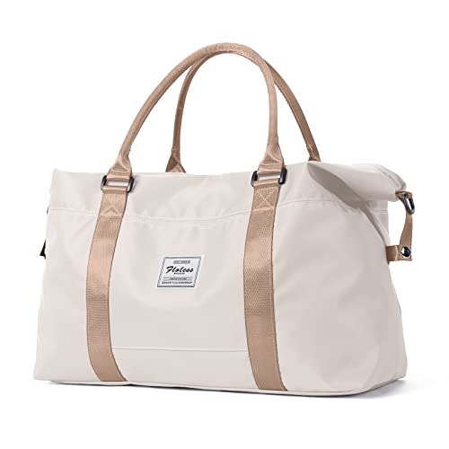 Gym Bag Womens Mens with Wet Pocket, Travel Duffel Bag for Plane, Sport Gym Tote Bags Swimming Yoga, Waterproof Weekend Overnight Carry on Bag Hospital Holdalls，Off White