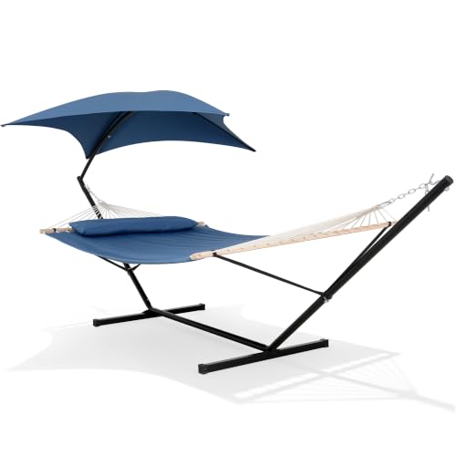 SUNCREAT Hammocks for Outside with Stand Sunshade Porch Hammock and Stand 475 lbs Capacity Patent Pending Navy