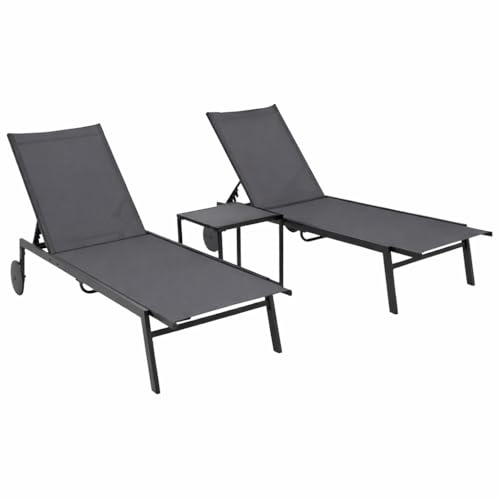 DEGAMO Gartenliegen Set Pino 3-teilig, Stahl anthrazit + Kunstgewebe grau, Glasplatte, 5-Fach verstellbar, Outdoor, Modern