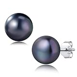 YAMI Pearl Earrings for Women, 925 Sterling Silver Hypoallergenic Stud, Akoya Saltwater Cultured Bla
