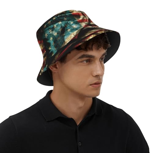 Image of American Flag America Bucket Hat,Casual Fisherman Cap Golf Boonie Hats Travel Beach Sun Hat for Women Men