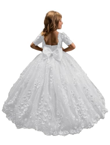 Tulle Flower Girls Dresses Short Sleeve Pageant Dress for Girls Bow Wedding Party Dress