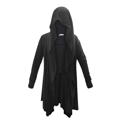 Men's Long Hooded Cardigan Ruffle Shawl Collar Drape Cape Overcoat Asymmetric Hem Open Front Hooded Cardigan