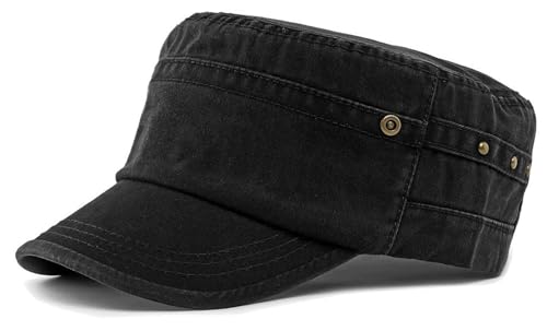 Image of AROILIZEBO Vintage Military Cadet Army Cap for Men Washed Cotton Flat Top Hat Black