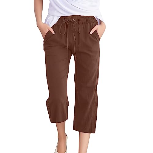 Rvidbe Capri Pants for Women Casual Summer Drawstring Elastic Waist Linen Pants Straight Wide Leg Crop Trousers with Pockets Brown