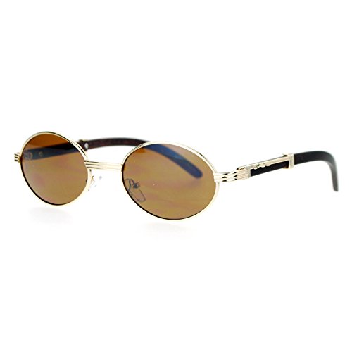 SA106 Retro Art Nouveau Vintage Style Small Oval Metal Frame Sunglasses Light Gold Solid Brown
