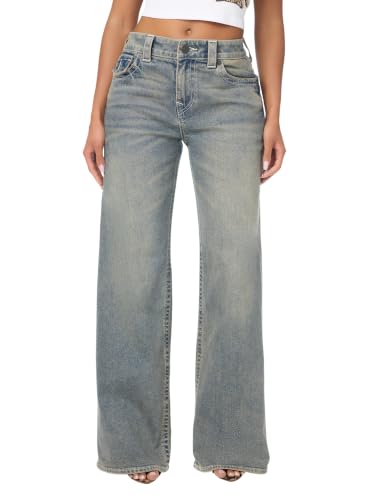 True Religion Women's Bobbi Baggy Wide Leg Jeans - 99% Cotton, Flap Pocket, Relaxed Silhouette