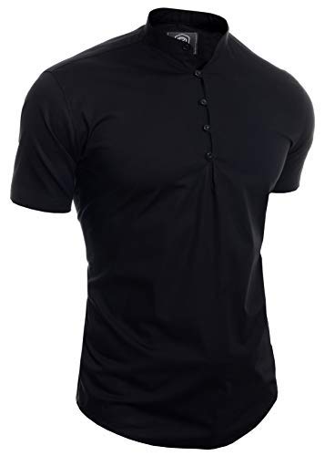 D & R Fashion Herren Kurzarm-Shirt Grandad Kragen Beiläufig Clever Slim Fit Baumwolle V-Ausschnitt Cover