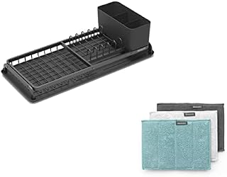 Brabantia Large Dish Drying Rack + Microfibre Cleaning Pads 3 Pack (Dark Grey) Easy-Clean Silicone Drip Tray & Removable Cutlery Basket, Corrosion-Resistant Aluminium Rack