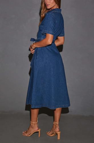 chouyatou Women Summer Belted Button Down Denim Shirt Dress Business Casual Short Sleeve Jean Shirt Dress2