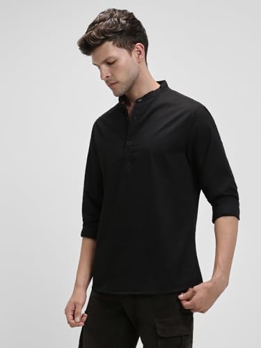 Image of Dennis Lingo Men's Cotton Solid Slim Fit Mandarin Collar Full Sleeves Casual Shirt