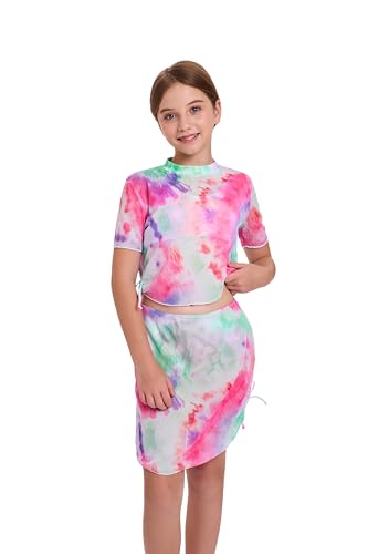Girls Swimsuit 4 Piece Bathing Suits Tie Die Bikini Set Kids Girls' Swimwear with Cover Up Skirt for 6-14Y3