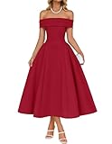 ZESICA Cocktail Dresses for Women's Elegant Off Shoulder Short Sleeve Swing A Line Wedding Evening Party Midi Dress,Red,Medium