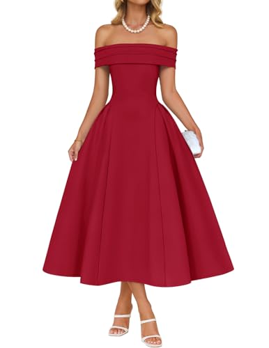 Image of ZESICA Summer 2026 Cocktail Dresses for Women's Off Shoulder Short Sleeve Swing A Line Wedding Evening Party Midi Dress