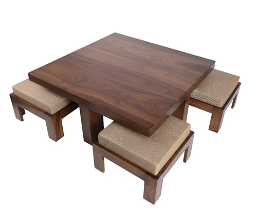 Image of Loonart Solid Sheesham Wood Coffee Table with Four Cushioned Stools | Idel for Living Room | Cafe | Restaurant | Space Saving Indoor Table Set | Finish Color - Rustic Teak Finish | Beige Cushion |