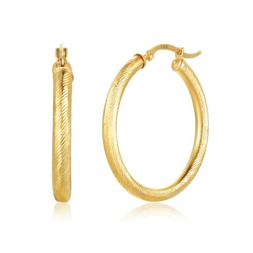 Solid 14K Diamond Cut Gold Hoop Earrings for Women | Hypoallergenic & Anti-Tarnishing Hoops with Click Tops | 14kt Real Gold Hoop Earrings in Sizes 24mm, 32mm and 39mm by MAX + STONE - Main Image