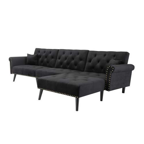 NOUVCOO Button Velvet Tufted Convertible Bed with 2 Pillows, Reversible Chaise, Sofa L Shape Sectional Couch Sleeper for Living Room Furniture Set, Black
