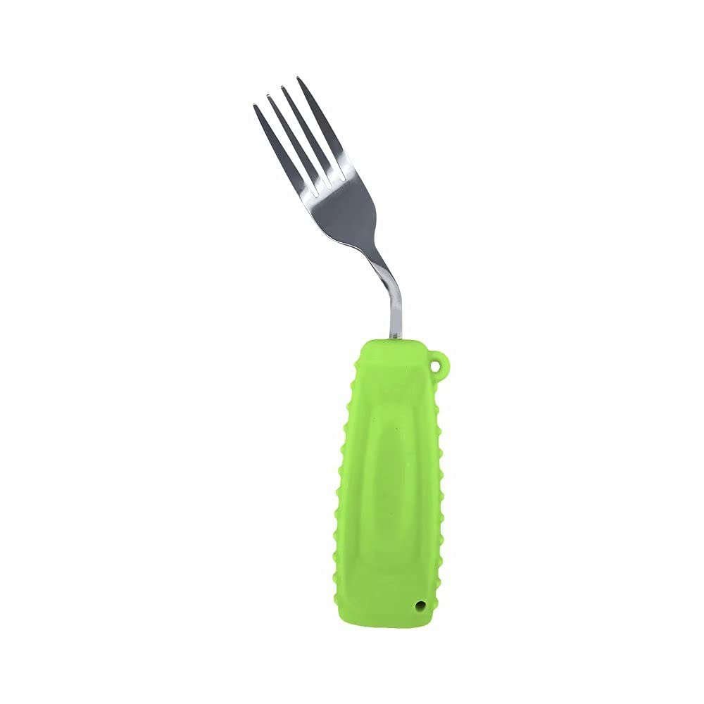 EZ AssistiveAdaptive Fork Easy to Hold for Independent Eating, Weighted Utensils for Hand Tremors (Green Fork Right Hand)