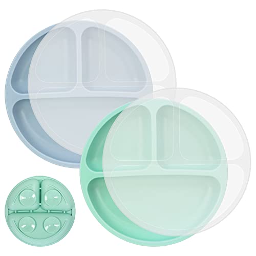 MOJINL 2 Stück Kinderteller mit Saugnapf Rutschfest Silikon Baby Teller BPA Frei Babyteller Kinder Tischset Babygeschirr Spülmaschinenfest mit Deckel für Baby Kleinkinder Kinder (Grün Blau) Cover