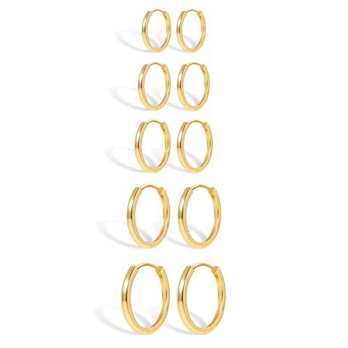 Juego de pendientes de aro de plata de ley brillante para mujeres y niñas, hipoalergénicos, pequeños pendientes de aro de oro pulido de 14 quilates, 5 pares