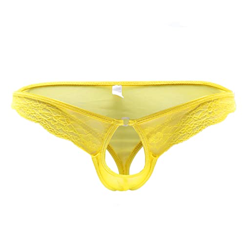 Tanga de hombre sexy caliente chic erótico abierto encaje transparente cordel Slip Briefs Mankini Thong ropa interior para hombres talla única, amarillo, Talla única Cover