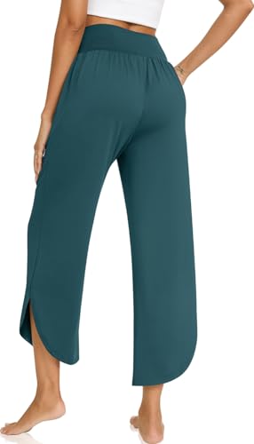 Image of TARSE Women's Wide Leg Yoga Pants Cross High Waist Flowy Split with Pockets | Comfy Lightweight Stretch, Flare Hem Cropped, Loose Dance Pants, Travel & Lounge, Everyday Casual Wear