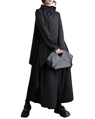 ellazhu Women's Coat Button Long Sleeve Flowy Hem Zipper Solid Black Oversize Loose Fall GZ255 A