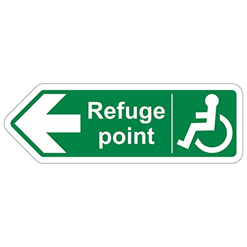 V Safety Shaped Safety Sign - Refuge Point Arrow Left - 600X200 - 1MM Rigid Plastic, White, 600 x 200 mm