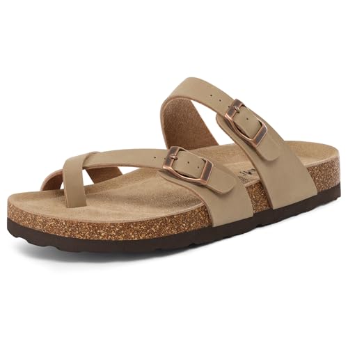 Image of KIDMI Women's Cork Footbed Sandals with Toe Loop, Comfortable Summer Slip-On Slides with Adjustable Buckle
