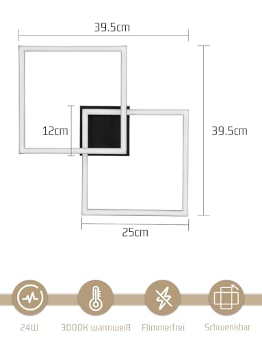 Homefire Deckenlampe LED Deckenleuchte Schlafzimmer - 24W Wohnzimmerlampe Warmweiß Küchenlampe Modern Esszimmerlampe Schwarz Eckig Deckenleuchten für Wohnzimmer Kinderzimmer