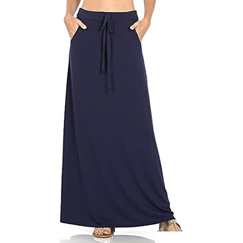 ShezPretty Women's Premium Fold Over High Waist Long Floor Length Maxi Skirt Drawstring (Large, DS-Navy) Cover