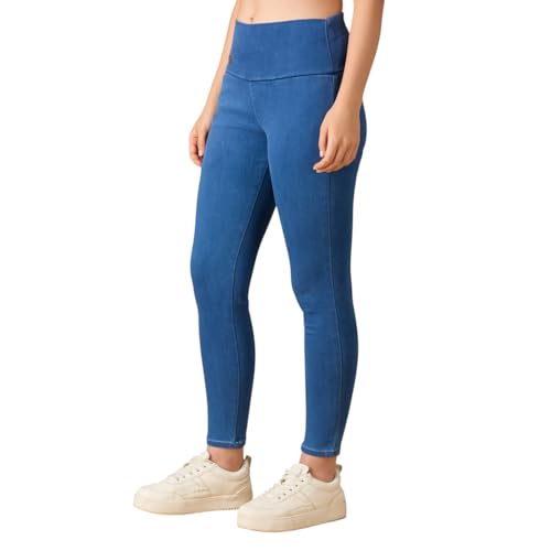 Image of 4FLIES Women's High Waist Slim Fit Jeggings | Super Combed Denim Stretch Ankle-Length Pants with Wide Waistband | Comfortable, Breathable Denim Look Leggings for Casual, & Office Wear